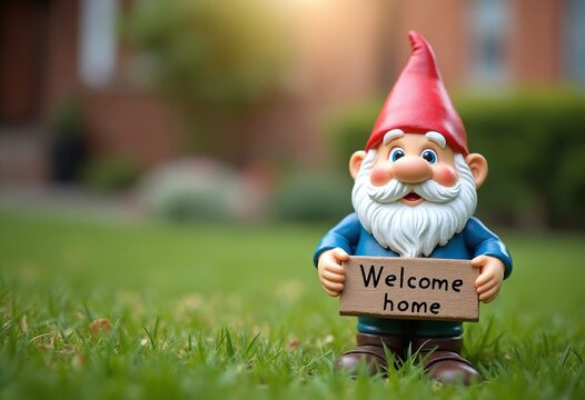 Lawn gnome holding a sign that reads Welcome home
