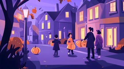 Festive Halloween trick or treating scene with kids in various fun and spooky costumes like ghosts witches and monsters carrying candy baskets and bags  Flat design in a whimsical cartoon style