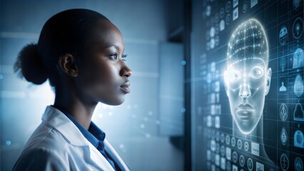 Side Profile of Black Female Doctor Analyzing Healthcare AI Data Hologram: Medical Research Innovation







