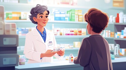 A friendly pharmacist assists an elderly woman with obtaining her medication and provides valuable advice for maintaining her health and well-being