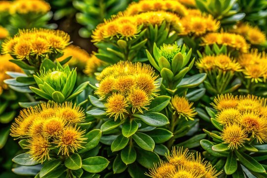 A striking Hawks Beard plant showcases vivid yellow flowers and lush green leaves, thriving in a picturesque natural environment, adding beauty and vibrancy to the landscape.