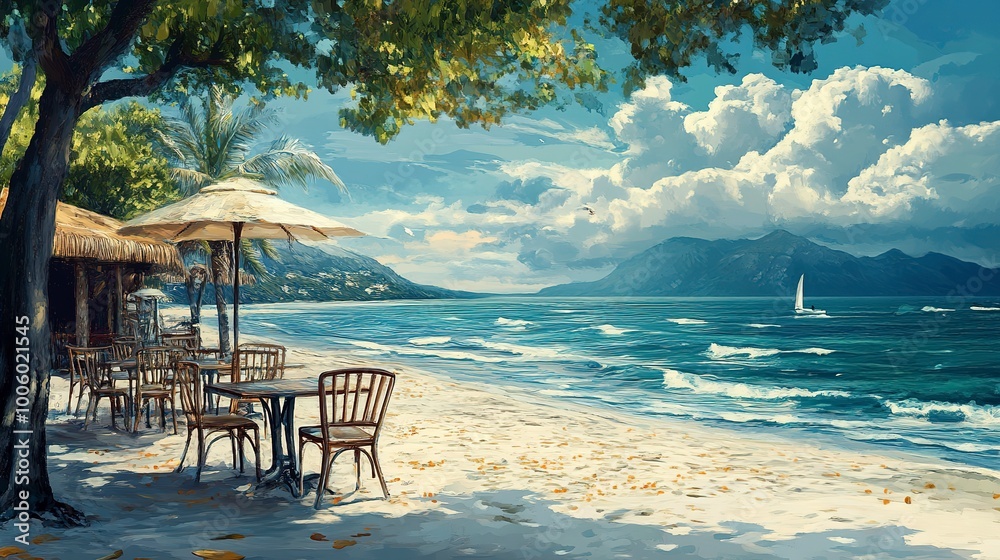 Wall mural cafe on the beach --ar 16:9 --v 6.1 Job ID: aa2d604c-73aa-40a5-9c78-28d8e0658e37