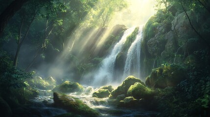 A misty waterfall cascading over moss-covered rocks in a lush forest setting, highlighting the natural beauty and tranquility of the surrounding environment