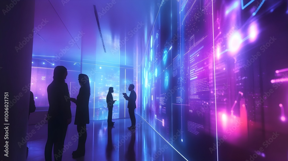 Poster futuristic business innovation hub with augmented reality brainstorming session for tech driven team