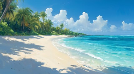 A secluded tropical beach with crystal-clear turquoise waters and white sandy shores, inviting relaxation and enjoyment of the tropical paradise atmosphere