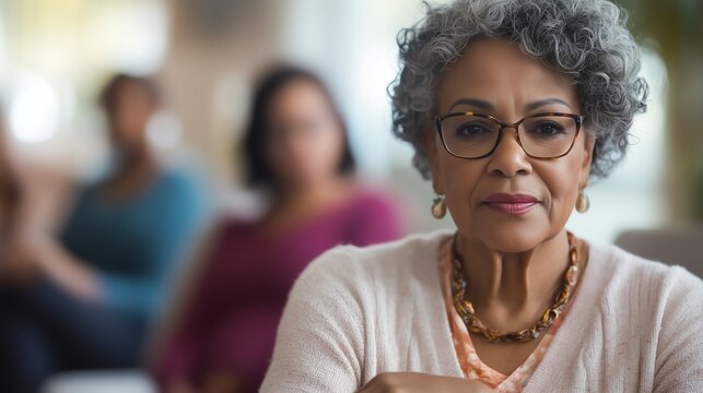An elderly woman attends a support group meeting focusing on mental health and community engagement, showcasing the importance of connection and understanding among participants