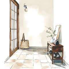Watercolor illustration of a cozy entryway with a wooden door, tiled floor, and a console table.