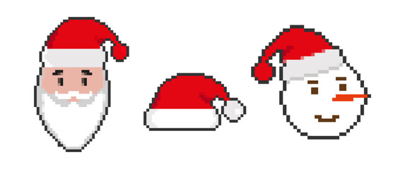 Pixel art Santa Claus hat and snowman icon set in y2k style. Game Christmas or New Year bit attributes. Vector illustration on white background