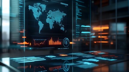 Futuristic hologram interface showcasing global market data and analytics for an impactful business presentation in a sleek modern office setting