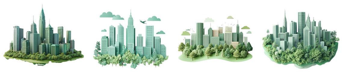 Fototapeta premium Urban city skyline illustrations surrounded by greenery transparent background