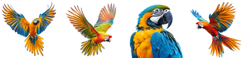 Obraz premium Colorful macaw birds flying and perched vibrant feathers transparent background
