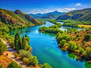Fototapeta premium A tranquil Ebro River winds through verdant landscapes, framed by majestic mountains, all beneath a pristine blue sky, creating a peaceful natural retreat.