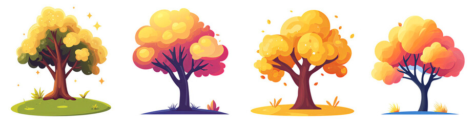 colorful cartoon trees illustration in various shapes and sizes transparent background