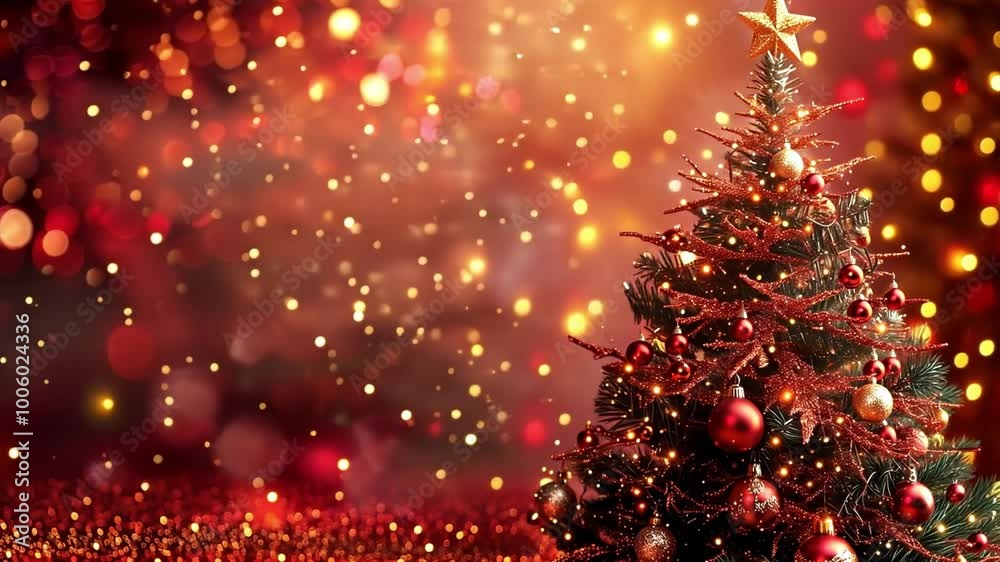Poster the vibrant christmas tree stands proudly in the foreground, decorated with ornaments and lights, cr