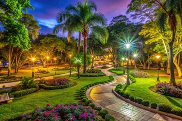Fototapeta premium A tranquil scene in La Sabana Park features vibrant greenery and picturesque pathways, inviting outdoor enthusiasts to enjoy natureâ€™s beauty and peaceful surroundings.