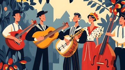 Colorful and Vibrant of a Folk Music Festival with Traditional Instruments and Performers in a Flat Design Style