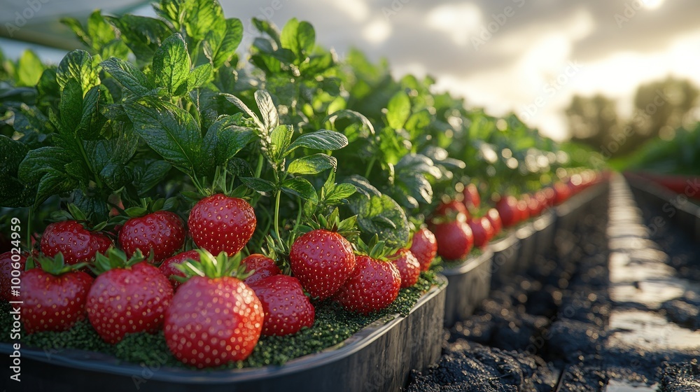 Sticker Ripe Strawberries in a Greenhouse