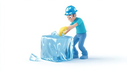 Cartoon Worker Trying to Lift a Large Ice Cube