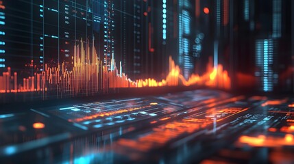 Futuristic business leader or executive analyzing a virtual financial dashboard with glowing holographic data and charts against a dark high tech background  Concept of data driven decision making