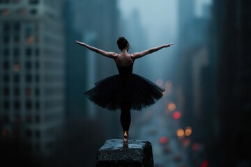A poised ballet dancer in a sleek black tutu elegantly balances on a city rooftop, her silhouette contrasting the urban backdrop, expressing art and isolation.