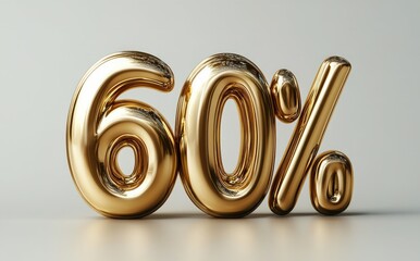 3D golden text "60%" isolated on a white background.