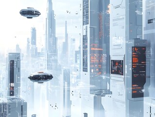 Futuristic cityscape with towering skyscrapers hovering transport pods and cutting edge technological interfaces rendered in a sleek