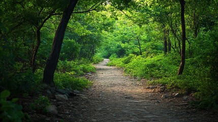 Fototapeta premium Serene Forest Pathway Surrounded by Greenery