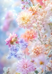 Elegant display of various blooming flowers in soft pastel tones with a whimsical and feminine composition and a relaxed tranquil feel