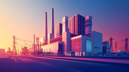 Obraz premium Sleek Modern Architecture of a Minimalist Cartoon Style Power Plant with Clean Lines Vibrant Color Palette and Optimistic Futuristic Energy in an Industrial Urban Setting