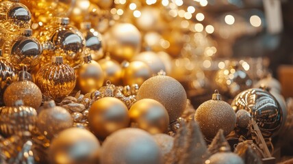 Refined Christmas market stall with gold and silver decorations, casting a luxurious holiday atmosphere with glowing market lights and shimmering ornaments. Christmas market