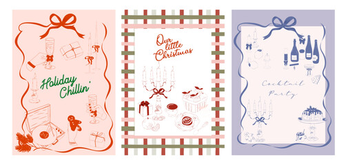 Collection of retro Christmas greeting or invitation card. Holidays poster. Food and drink. Editable vector illustration.