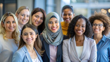 Women's Equality Day Photoshoot: Diverse Group of Multiracial Female Colleagues Smiling Together






