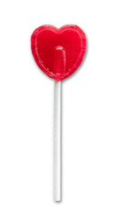 Red heart shaped lollipop isolated on white background