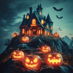 A spooky mansion illuminated by glowing pumpkins, set against a dark sky filled with bats, perfect for Halloween themes.