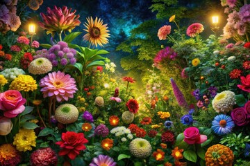 Fototapeta premium A vivid wallpaper design showcasing a lush garden bursting with colorful flowers and rich greenery, creating a vibrant backdrop that enhances any interior space.