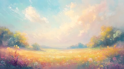 Enchanting pastel colored landscape with a whimsical fairytale like meadow dreamlike ethereal atmosphere fantastical wispy clouds and serene tranquil vibes