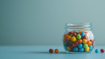 Close-up of a candy jar filled with colorful candies, placed on a clean backdrop, leaving room for text