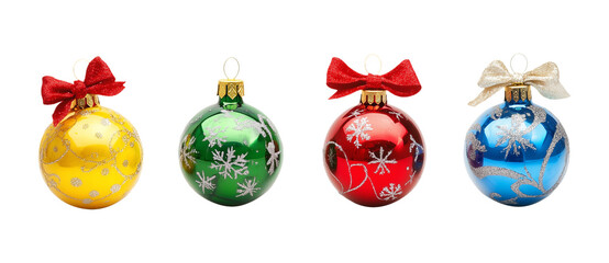 Christmas colorful toys and balls, png decorative elements and stickers with bows and silver ornaments.
