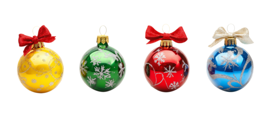 Christmas colorful toys and balls, png decorative elements and stickers with bows and silver ornaments.