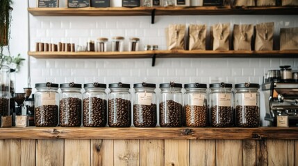 Coffee Beans in Glass Jars on a Wooden Counter
