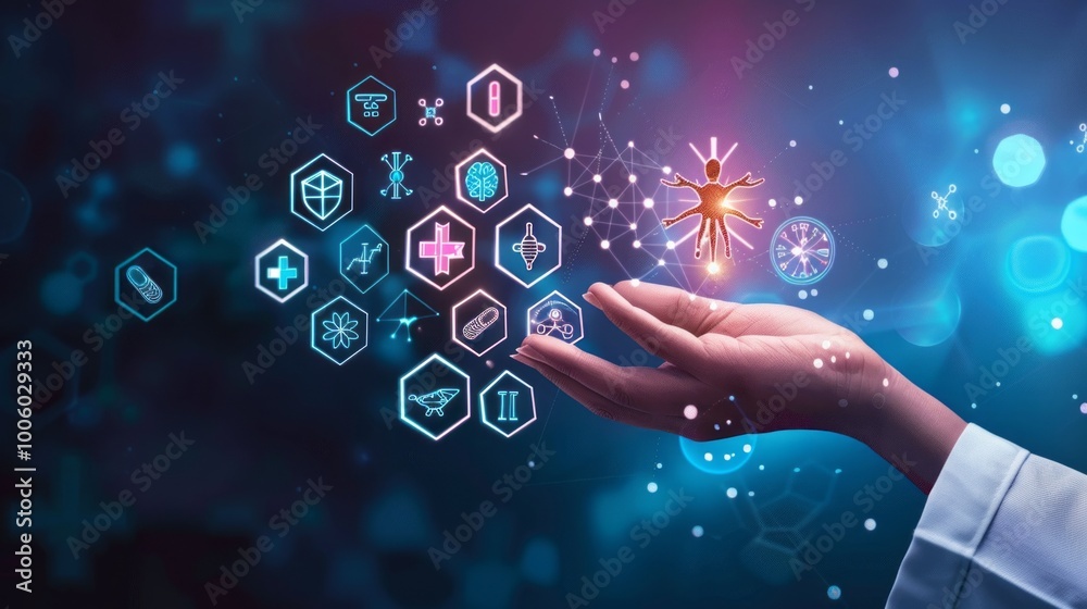 Poster a hand is holding a glowing object in a blue background with many symbols