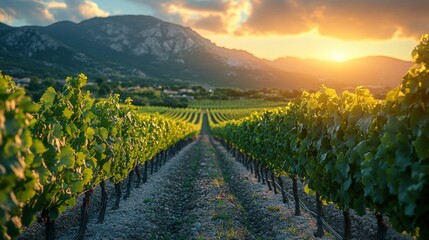 Naklejka premium Vineyard Sunset in the Mountains