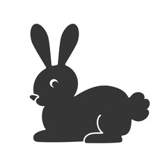 Obraz premium Lying rabbit silhouette icon. Cute design for Easter celebration. Cruelty-free animal emblem. Farming and agriculture concept. Kids product logo. For web design purposes. Isolated vector illustration