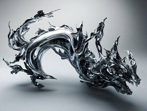 Mesmerizing futuristic Pixiu creature made of shimmering metallic liquid that is constantly shifting reforming and evolving in an endless loop of dynamic hypnotic movement