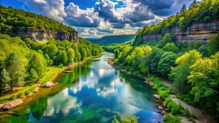 Fototapeta premium Breathtaking vistas of the Buffalo River, enveloped by vibrant greenery and stunning natural landscapes, create an idyllic escape into nature's breathtaking beauty.