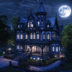 A stunning dark gothic mansion illuminated by moonlight, set in a serene atmosphere with lush greenery.
