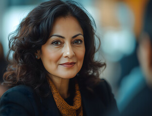 
A photo of an attractive indian woman in her 60's with dark curly hair and hazel eyes, wearing business attire