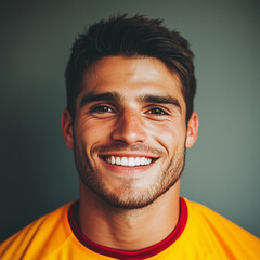 Fototapeta premium A charming Spanish football player beams at the camera, capturing his joyful demeanor and charisma