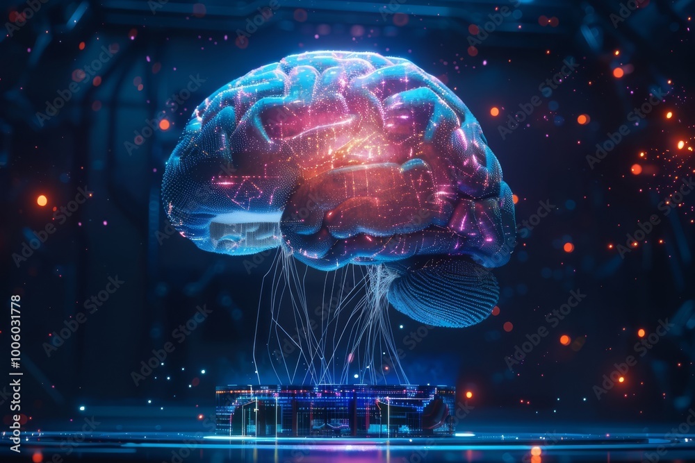 Poster a vibrant digital brain exhibit showcasing neural connections and data streams pulsating in an illum