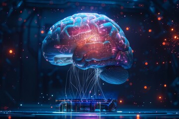 A vibrant digital brain exhibit showcasing neural connections and data streams pulsating in an illuminated futuristic environment. Generative AI